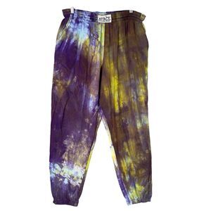 Vintage Attack Reaction Wear Tie Dye Pants L Purple Yellow Rayon Boho Grunge USA